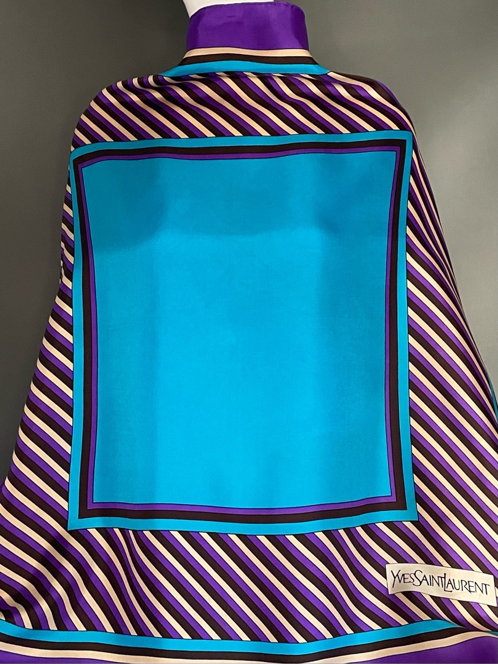 Gorg Yves Saint Laurent Silk Scarf Turquoise Grape Geometric 31 In Sq Exc Cond